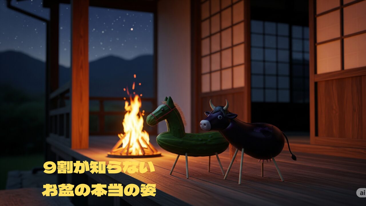 夜、日本家屋の縁側にキュウリの馬とナスの牛（精霊馬）が置かれ、庭では迎え火が燃えているお盆の風景。
