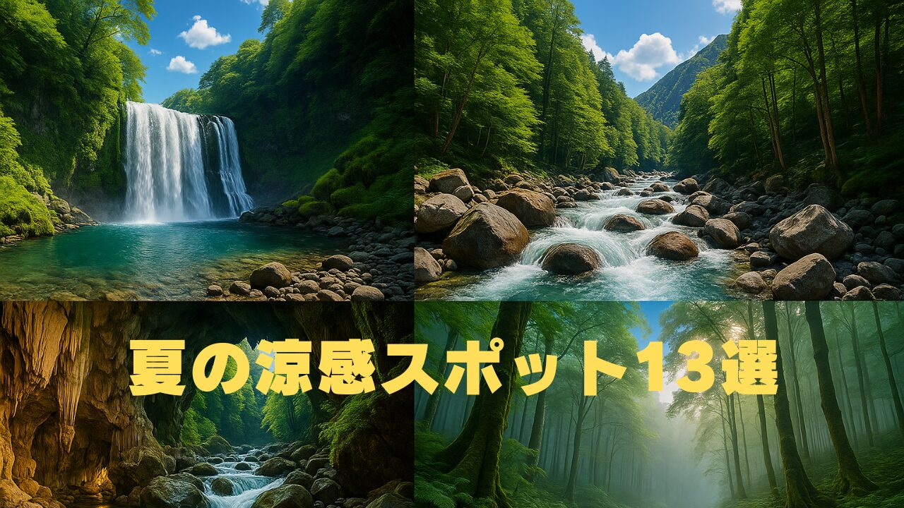 滝や渓流、洞窟、森林など涼しげな自然風景のコラージュ画像。中央に「夏の涼感スポット13選」の文字。