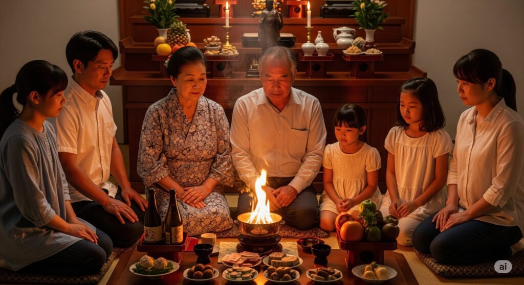 お盆の夜、仏壇のある和室に三世代の家族が集まり、送り火を焚きながら静かに座っている。