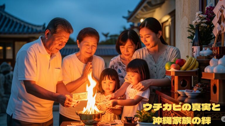 沖縄の三世代家族が、仏壇の前でウチカビ（紙銭）を燃やしている。祖父母や親に見守られ、子どもたちが火の中にウチカビを入れている。