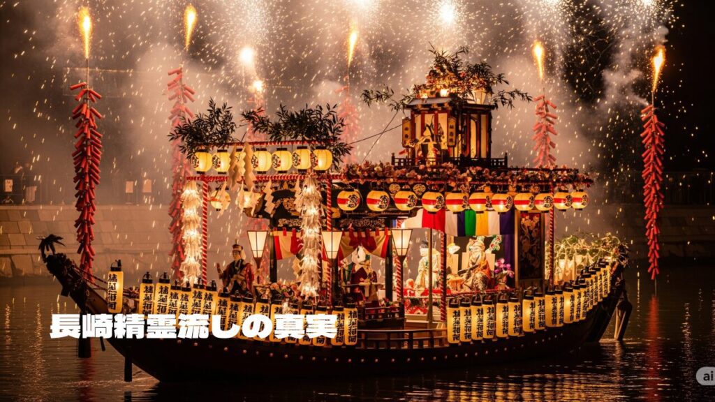 夜の水面に浮かぶ、無数の提灯で豪華に飾られた精霊船。背景では花火が打ち上げられ、幻想的な光景が広がっている。