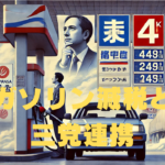 日本のガソリンスタンドで車に給油する中年の男性が不安そうな表情を浮かべている様子。背景には抽象的な政党シンボルが描かれ、政治的緊張と経済的不安を表現する曇り空が広がっている。