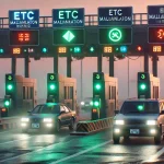 夕暮れ時の日本の高速道路料金所で、ETCレーンを通過する車と、隣のレーンで障害警告が表示されている様子。技術的な不安定さと社会インフラの脆弱性を示している。