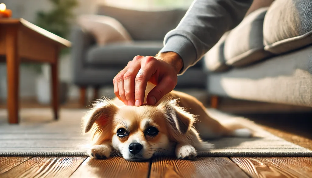 朝の光が差し込むリビングで、飼い主に優しくトントンされてうっとりする愛犬。学習と習慣化がもたらす安心感を表現した温かな一枚。