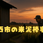 夕暮れの田園風景で、鍵のかかった穀物倉庫の前に立ち、周囲を警戒する農家の男性と、遠くに消えゆく不審な人影を捉えたリアルな描写。農作物盗難への不安と食の安全を象徴する場面。
