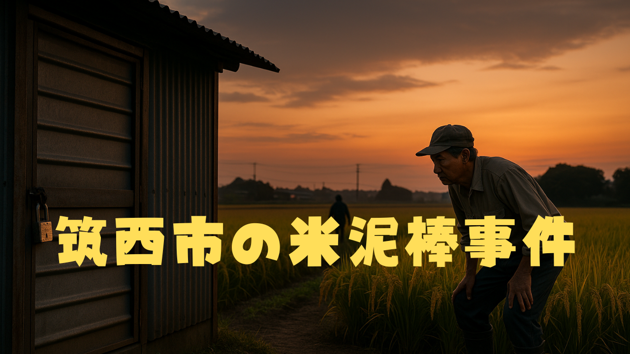 夕暮れの田園風景で、鍵のかかった穀物倉庫の前に立ち、周囲を警戒する農家の男性と、遠くに消えゆく不審な人影を捉えたリアルな描写。農作物盗難への不安と食の安全を象徴する場面。