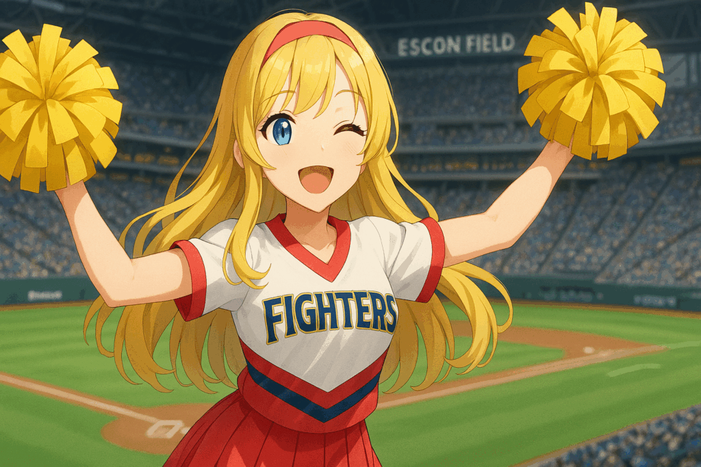 野球場でポンポンを持ち、笑顔で応援する金髪のチアガール（ファイターズのユニフォーム）