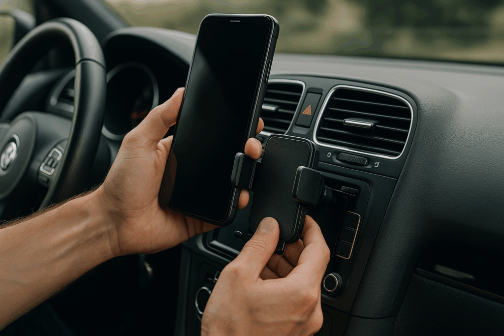 スマホホルダーを慎重に車内へ取り付けるドライバーの手元を写したイメージ。ホルダーの固定力と取り付け位置の重要性を示し、繊細で安全意識の高い行動を象徴している。
