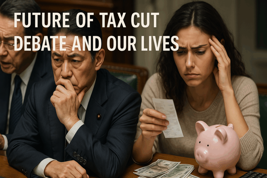 減税と生活への影響を懸念する政治家と市民女性、テーブルには紙幣と貯金箱