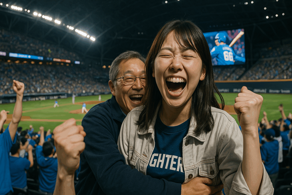 野球場でホームランを喜ぶファンの父娘。満面の笑みで抱き合いながら歓声を上げる様子が映されている。