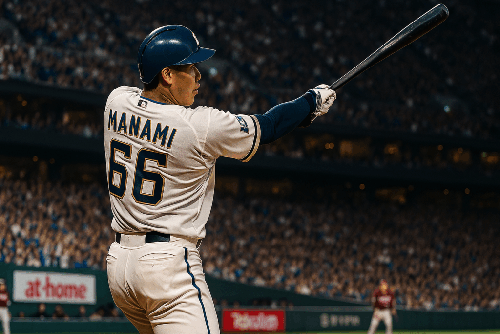 満員のスタジアムでバッティングする背番号66番のマンナミ選手。フルスイングの瞬間を捉えた迫力ある場面。