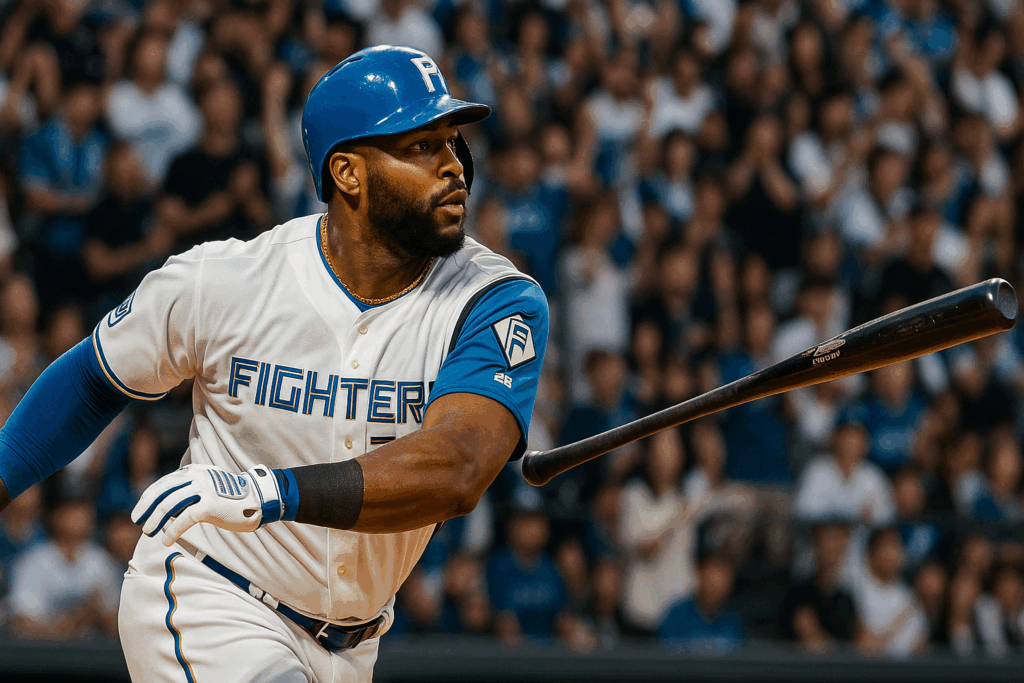 フルスイング直後にバットを放るファイターズの選手。真剣な表情と観客の熱気が伝わるシーン。
