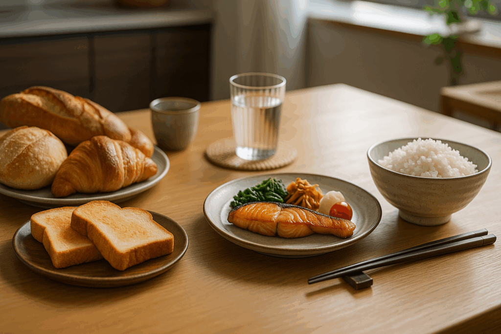 焼き鮭とご飯、野菜の和食に、トーストやクロワッサンなどのパンが並ぶ、和洋折衷の朝食セット。