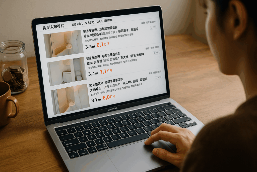ソコンで賃貸物件の情報を閲覧している女性。表示画面には複数の部屋写真と家賃が並んでいる。