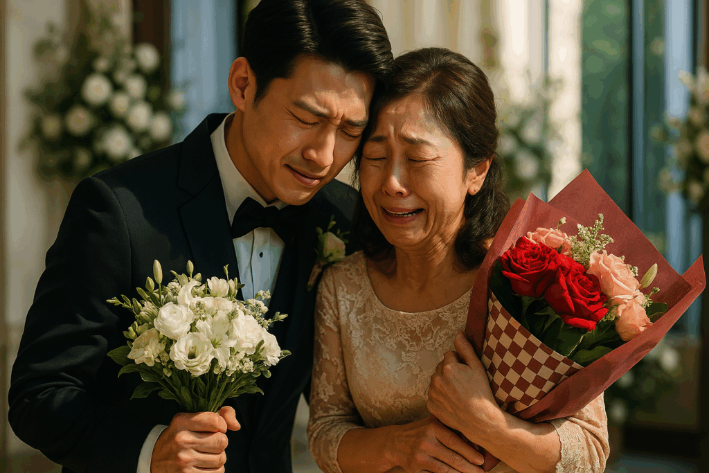 結婚式場で花束を持ちながら涙を流す新郎とその母親。感動の瞬間を分かち合っている。