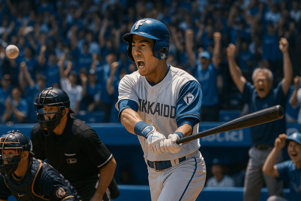 観客が歓声を上げる中、気迫あふれる表情でスイングする北海道チームの野球選手。審判とキャッチャーも構えている。