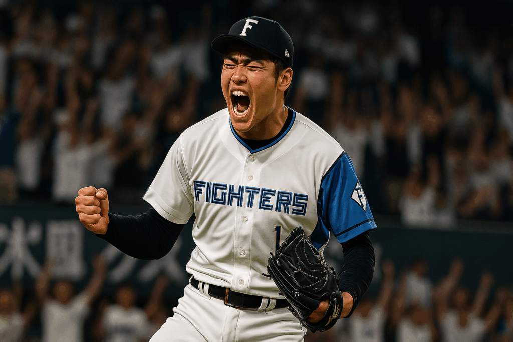 試合を締めくくった瞬間、拳を握り締めて叫ぶファイターズの投手。背後には歓喜する観客たちの姿。