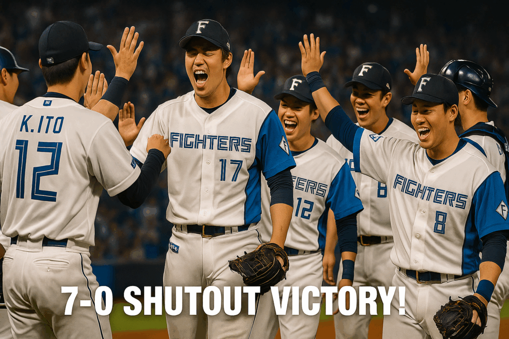 7-0 SHUTOUT VICTORY!」の文字と共に、試合に勝利して喜びを分かち合うファイターズの選手たち。笑顔でハイタッチする姿が印象的。