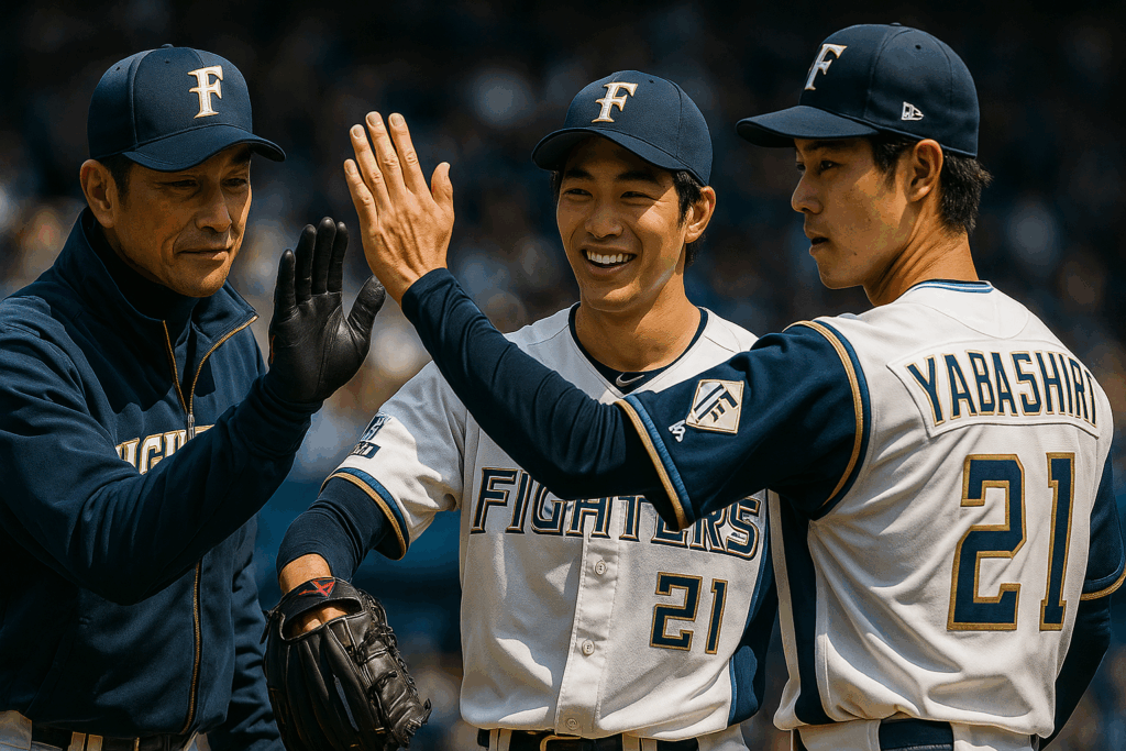 試合後、笑顔でハイタッチを交わすファイターズの選手たちとコーチ。背番号21の選手が中心に写っている。