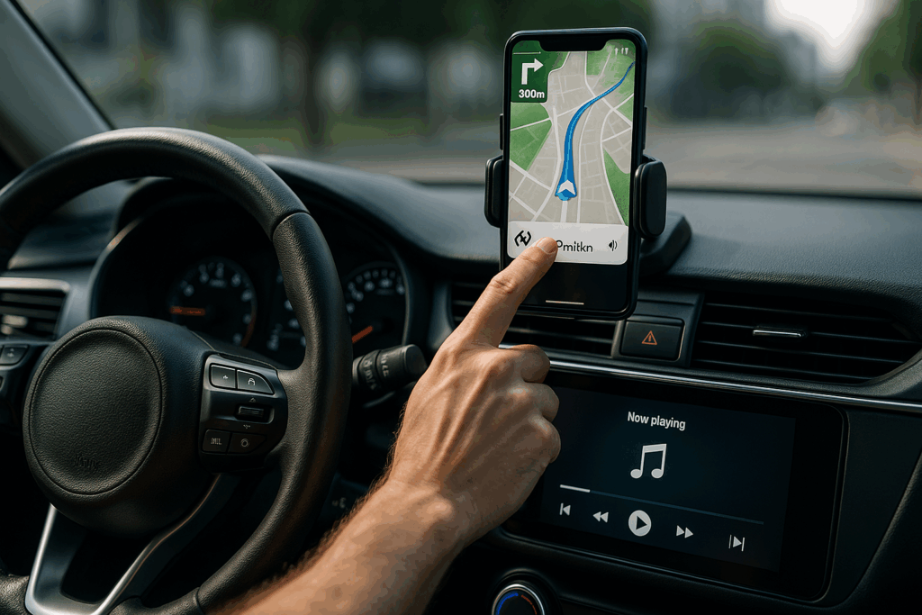 出発前にスマホでナビ設定を行い、音楽も準備しているドライバーの手元と車内の様子。音声案内を活用し、画面を見すぎない安全運転の意識を示しているシーン。