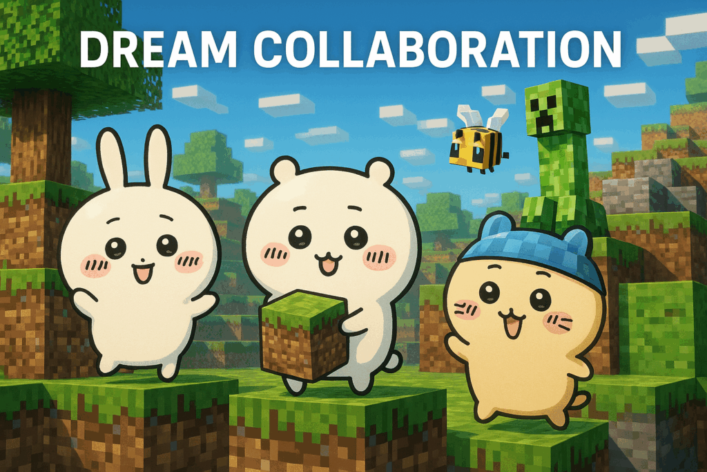 マインクラフトの世界で、かわいいウサギ、クマ、ネコのキャラクターが楽しそうにブロックの上に立っている。背景にはミツバチとクリーパーも登場。