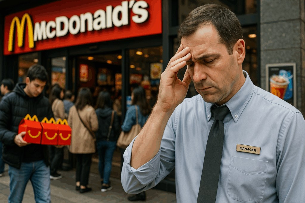 マクドナルドの店舗前で頭を抱える男性店長。背景にはハッピーセットを複数持つ客や、店に並ぶ多くの人々が見える。