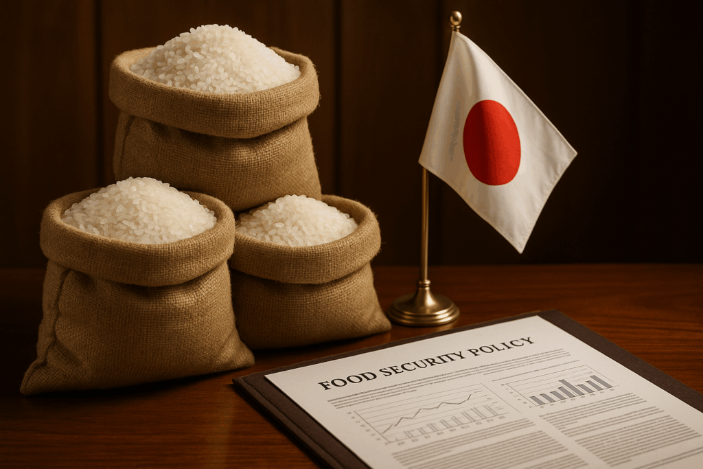 日本の国旗と米の入った麻袋、そして「FOOD SECURITY POLICY」と書かれた政策文書が並べられたデスクの上の構図。