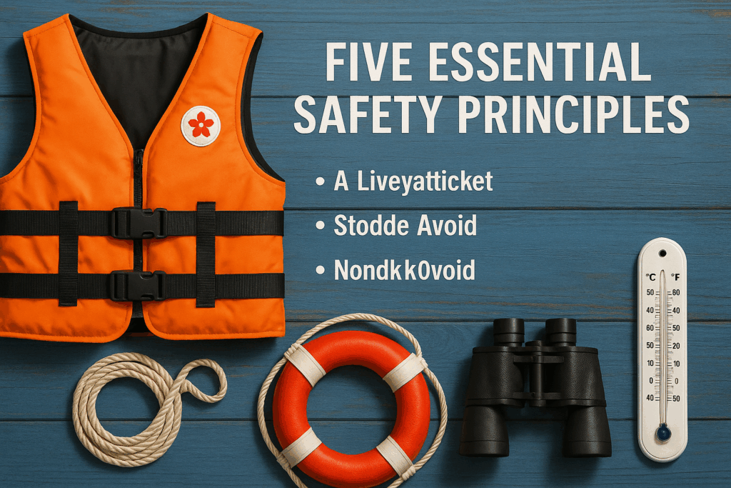 オレンジの救命胴衣、浮き輪、ロープ、双眼鏡、温度計が木の板の上に並び、「FIVE ESSENTIAL SAFETY PRINCIPLES」と英語で書かれた誤記入りのリストが表示されている。