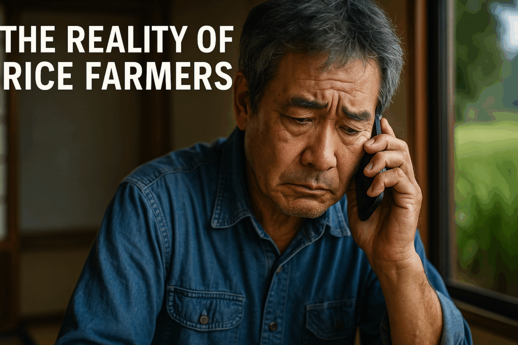 電話で苦悩を語る60代の日本人農家男性、背景には稲作風景。備蓄米やコスト高騰に悩む農家のリアルを象徴する場面。