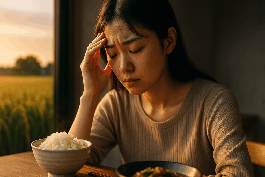 夕日が差し込む窓辺で、米の入った茶碗を前に静かに思いを巡らす若い女性。お米の尊さと未来を考える姿。