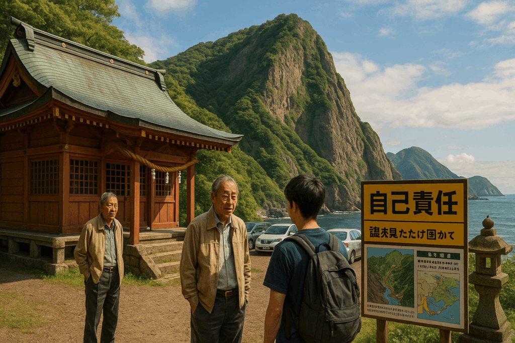 神社の前で地元の高齢男性たちが若い登山者に話しかける様子と、「自己責任」を強調する登山道の注意看板が並ぶ海辺の風景
