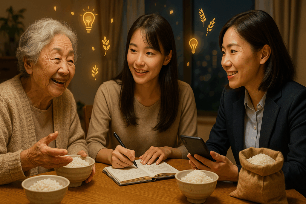 おばあさんと若い女性二人が食卓で米について語り合いながら、楽しそうにノートを取り、スマートフォンを使っている様子