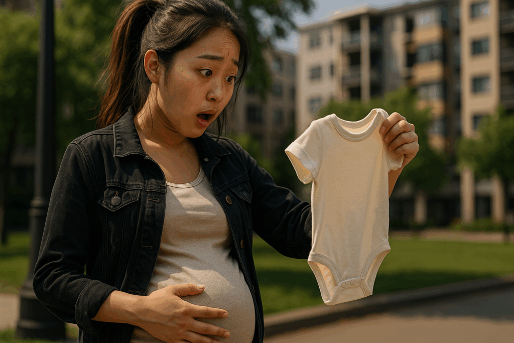 屋外でベビー服を見て驚いた表情を浮かべる妊婦の女性