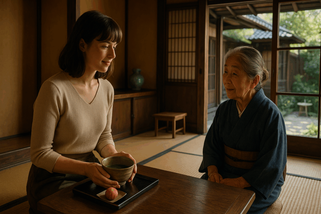京都の町家カフェで畳の上に座り、抹茶と和菓子を味わいながら店主のおばあちゃんと語り合う歴史を感じる空間
