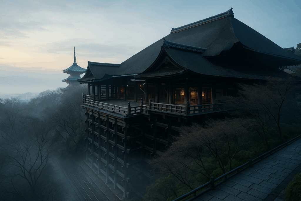 「朝もやに包まれた静かな清水寺の舞台と三重塔、早朝ならではの幻想的な風景