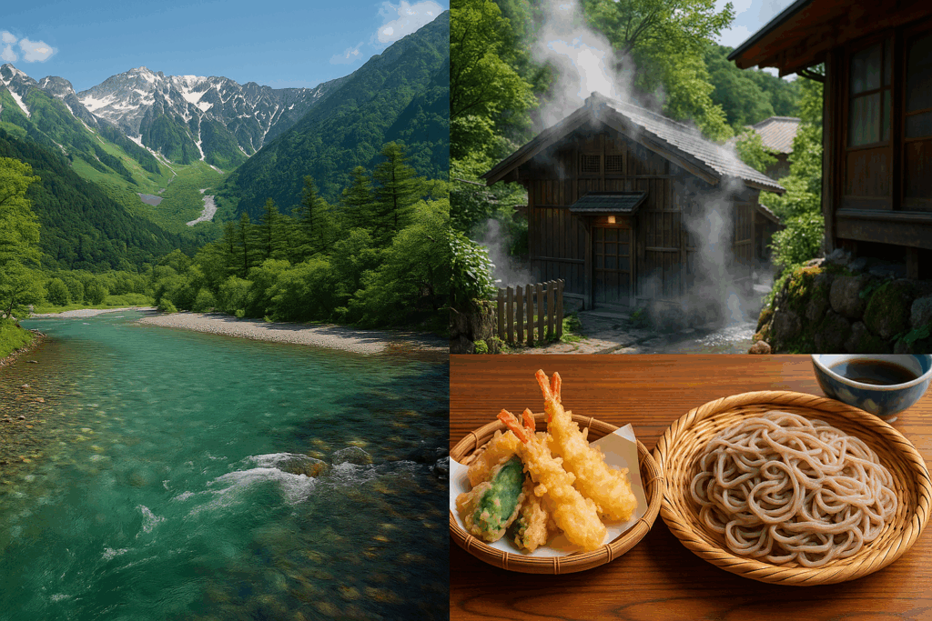 上高地の清流、野沢温泉の外湯、山盛りの天ざる蕎麦が並ぶ“心のデトックス”を感じる長野の風景