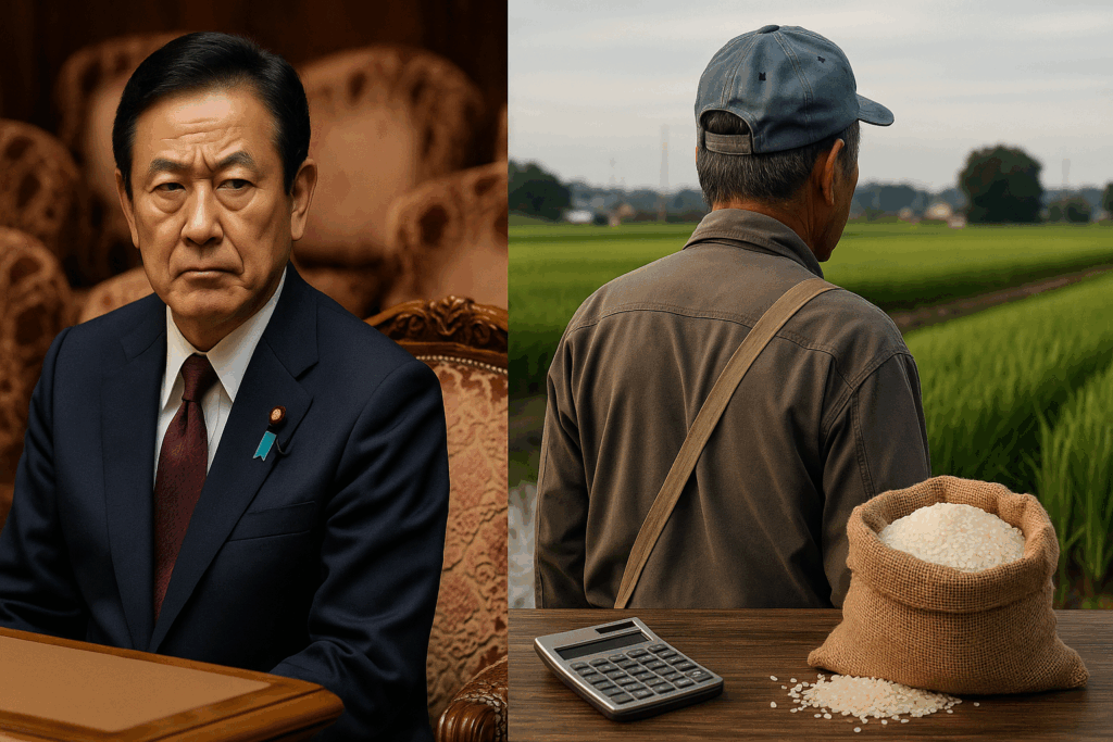 スーツ姿の政治家と稲作農家の男性が並ぶ構図。農業政策の議論と現場の実情を象徴するシーン。