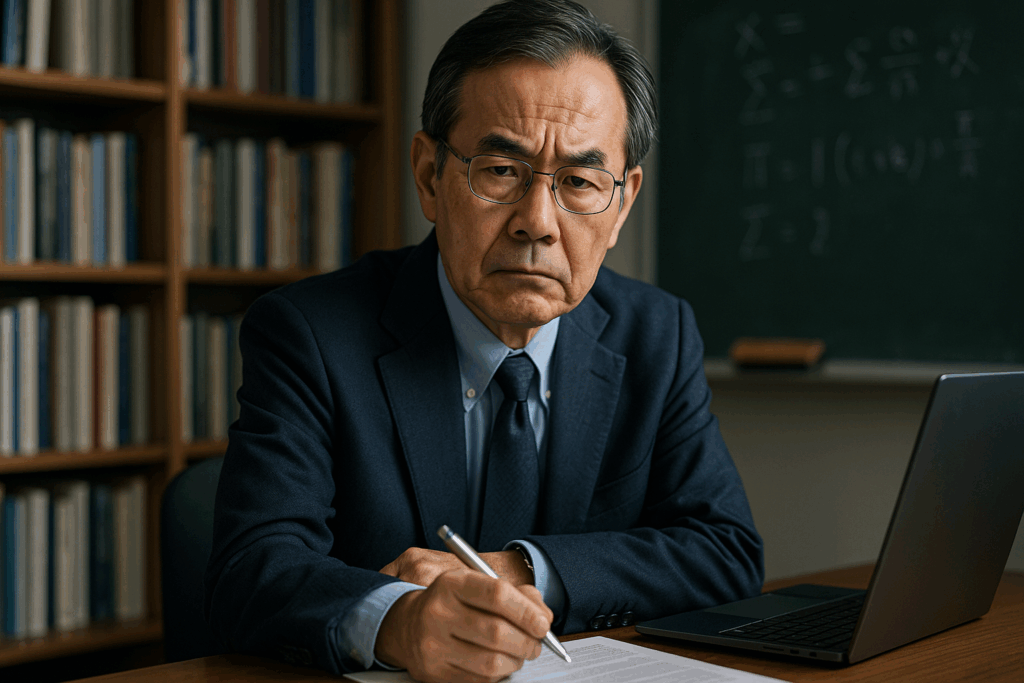 試験制度と不正問題をテーマに、東京大学の教授(仮名・田中氏)が真剣な表情で語る姿を描いた高精細イメージ。書斎にある本棚と数式の書かれた黒板が背景に。