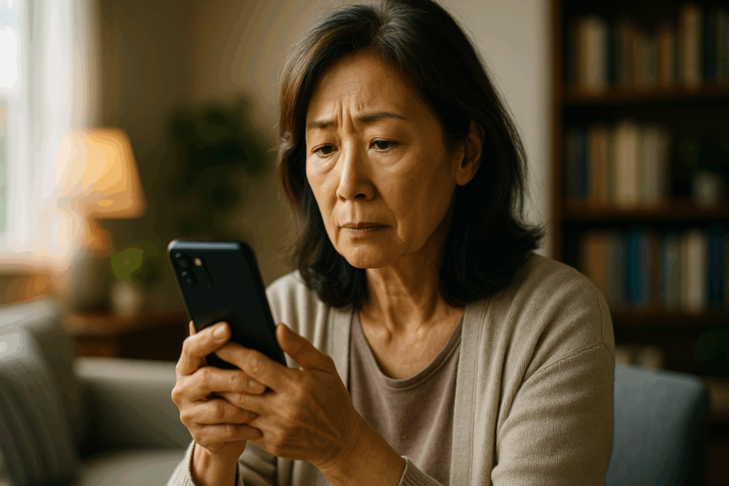 落ち着いた室内でスマートフォンを真剣な表情で見つめる中年女性。背景には本棚や観葉植物があり、やわらかな自然光が差し込んでいる。
