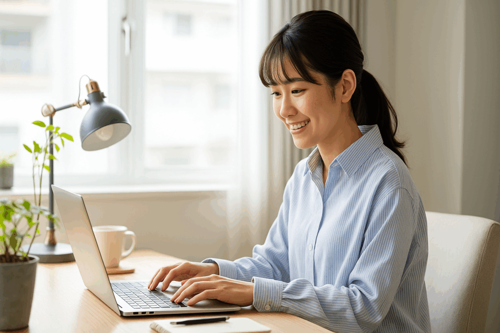 明るい部屋でノートパソコンに向かい、笑顔で作業する若い女性。机には観葉植物やコーヒーカップが置かれている。