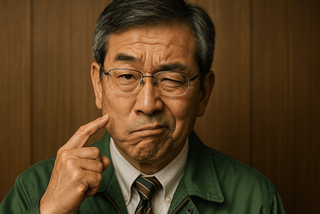 メガネをかけた中年男性が片目をつぶり、指で頬を押しながら少し困ったような表情を見せている。作業服を着ており、木目の背景がある室内で撮影されている。