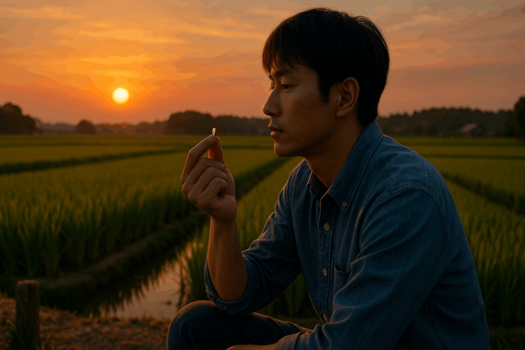 夕焼けの田んぼで、若い男性が一粒の米をじっと見つめている。背景には沈む夕日と広がる稲穂が見え、静かな感慨を呼び起こす風景。