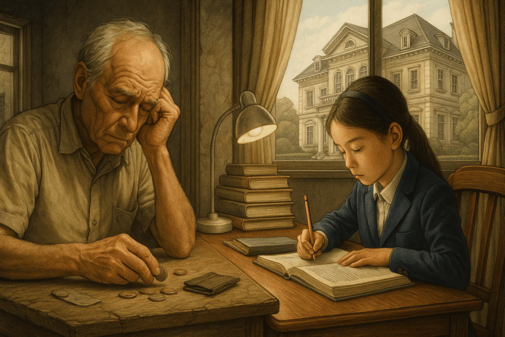 古い机の上で硬貨を数える高齢の男性と、その隣で勉強する制服姿の少女。背景の窓の外には豪邸が見え、二人の生活との対比が際立っている。