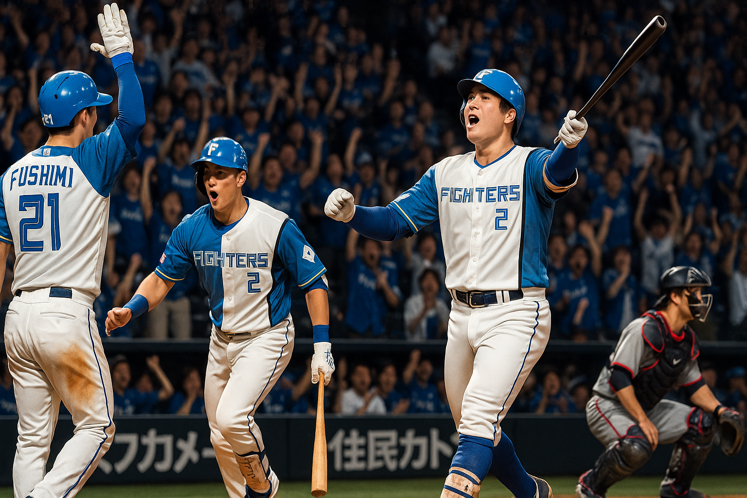 野球の試合でホームランを打った選手がバットを掲げて喜びを爆発させ、チームメイトと歓喜のハイタッチを交わしている様子。観客席は熱狂的なファンで埋め尽くされている。