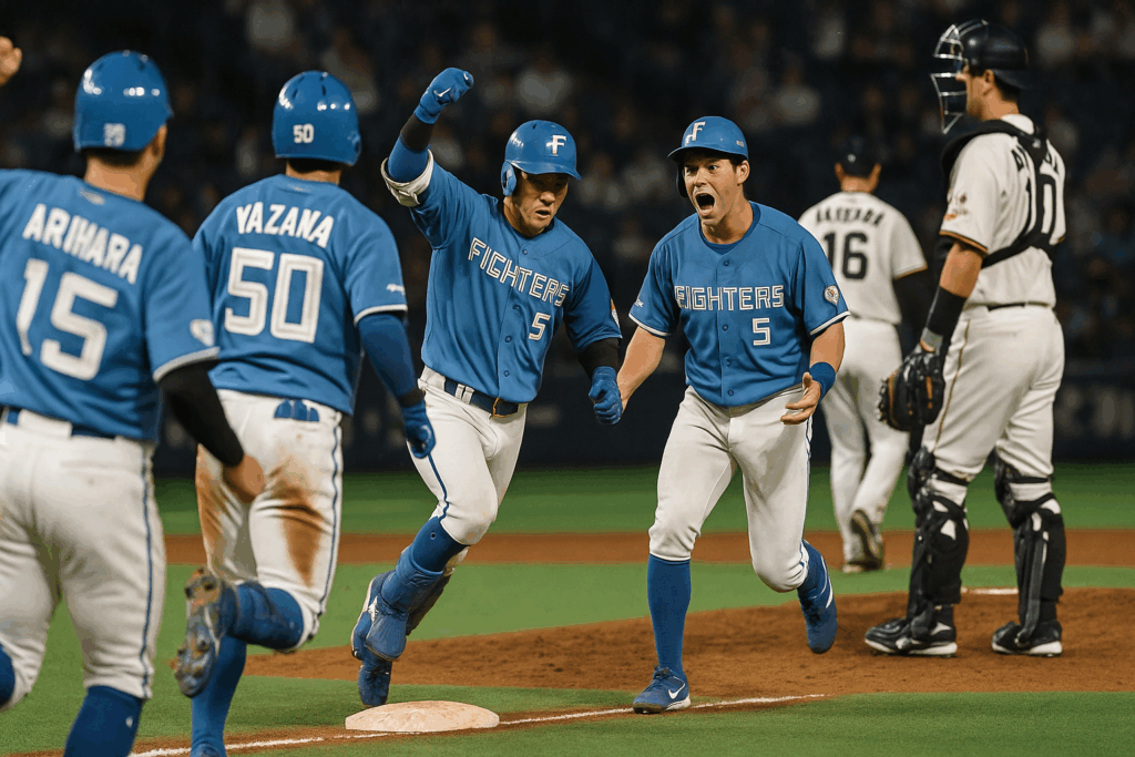 プロ野球の試合でホームに駆け込む選手と、拳を突き上げて迎えるチームメイトたち。「FIGHTERS」のユニフォームを着た選手たちの喜びと興奮が爆発する瞬間。