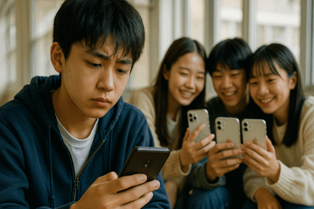 スマートフォンを見つめて沈んだ表情をする少年と、その後ろで楽しそうにスマホを見て笑い合う3人の若者たち。