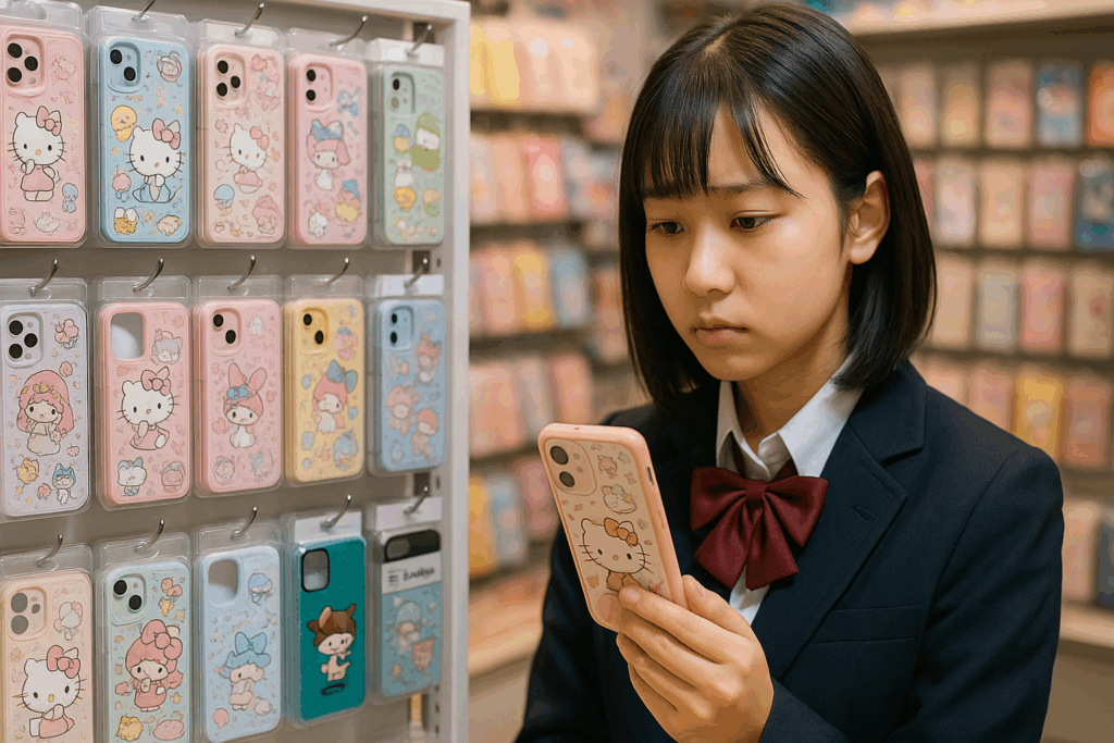 制服を着た女子学生が、サンリオキャラクターのスマホケース売り場で一つのケースを真剣に見つめている様子。