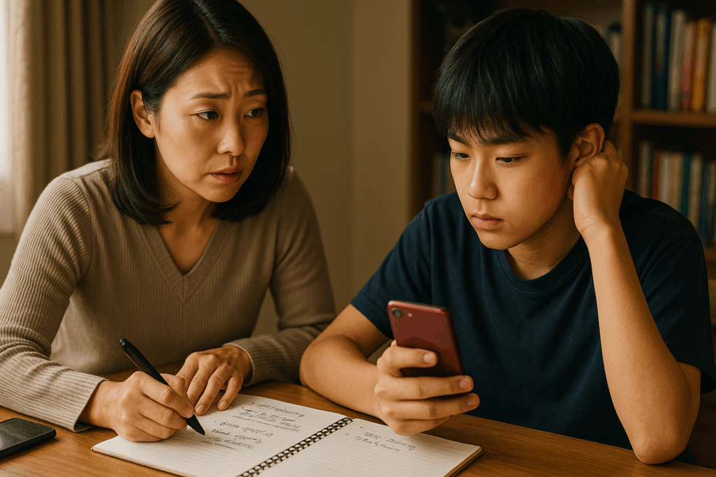 ノートを取りながら息子のスマホ画面を心配そうに見る母親と、真剣な表情でスマホを操作する少年の様子。