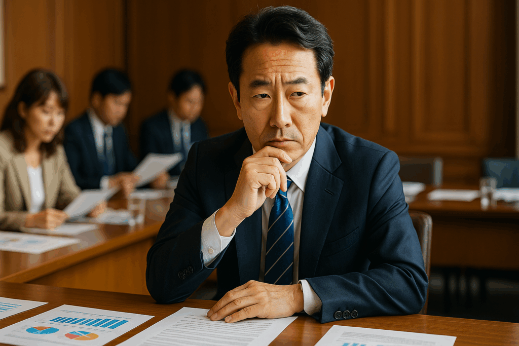 会議室で真剣な表情を浮かべるスーツ姿の中年男性。机にはグラフ付きの資料が並べられており、後方には他の出席者たちも資料に目を通している。