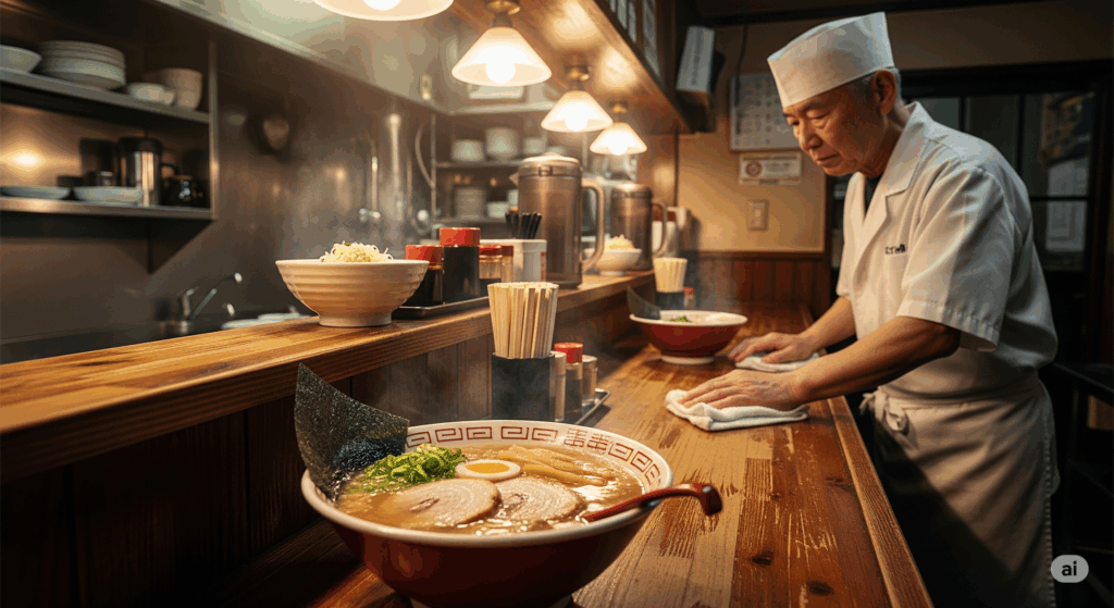 ラーメン店のカウンターで湯気を立てるラーメンと、丁寧に拭き掃除をする和服姿の職人風の男性。